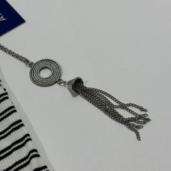 Woman's APT 9 White Black Striped Open Sleeve Top T-Shirt Blouse w/ Necklace - Picture 4 of 9